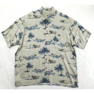 Munsingwear Shirt Men Large Blue Gray Hawaiian Palm Tree Beach Aloha Button-Up